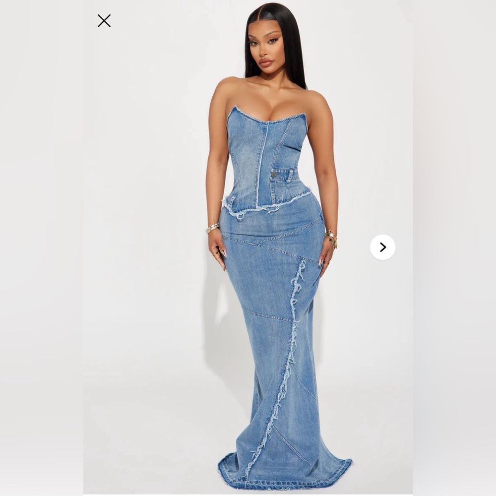 NWT Fashion Nova Delilah Denim Maxi Dress Med Strapless Corset Bustier Stretch - Picture 2 of 14